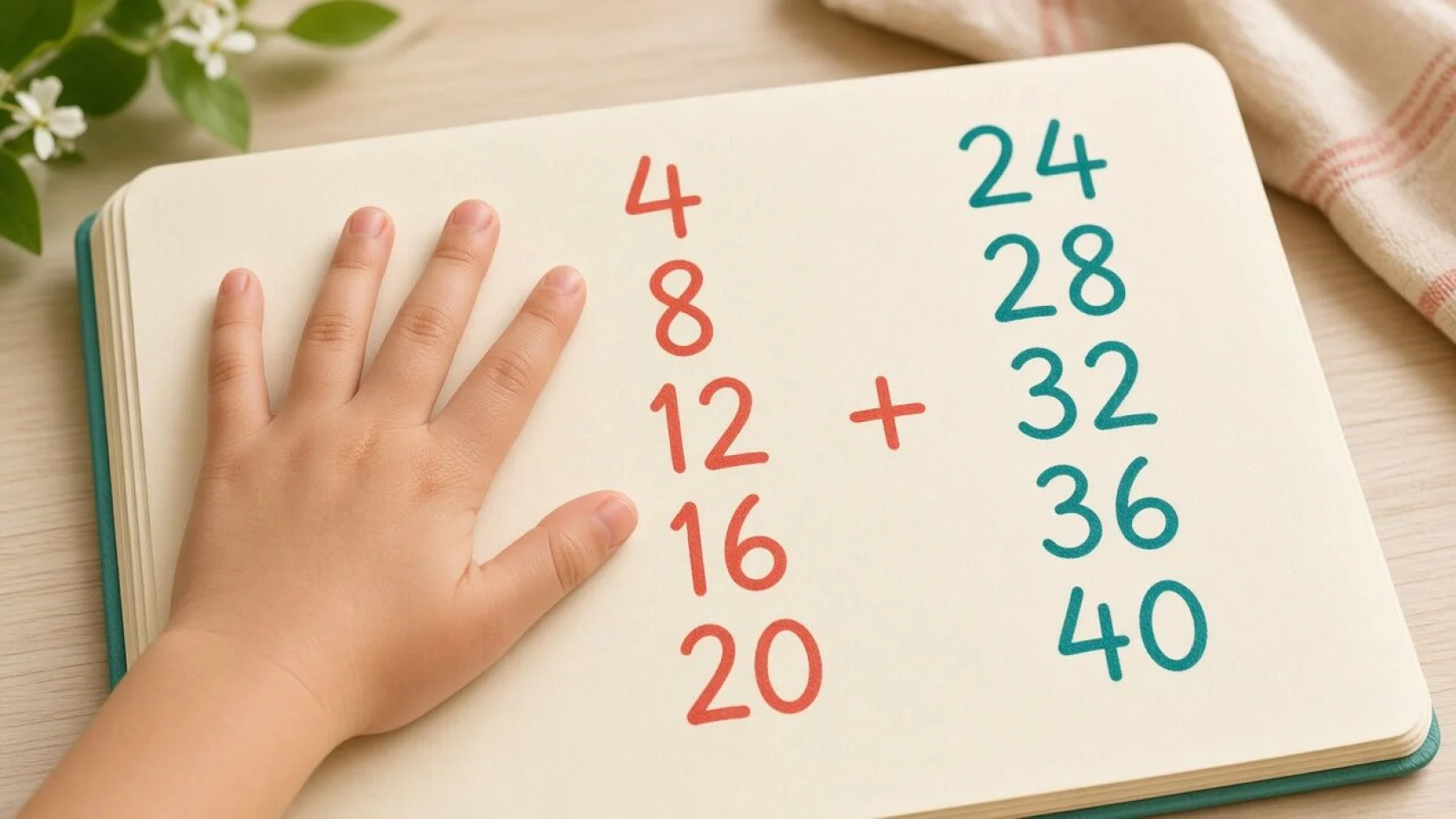Hand counting a four times table pattern with a plus twenty jump
