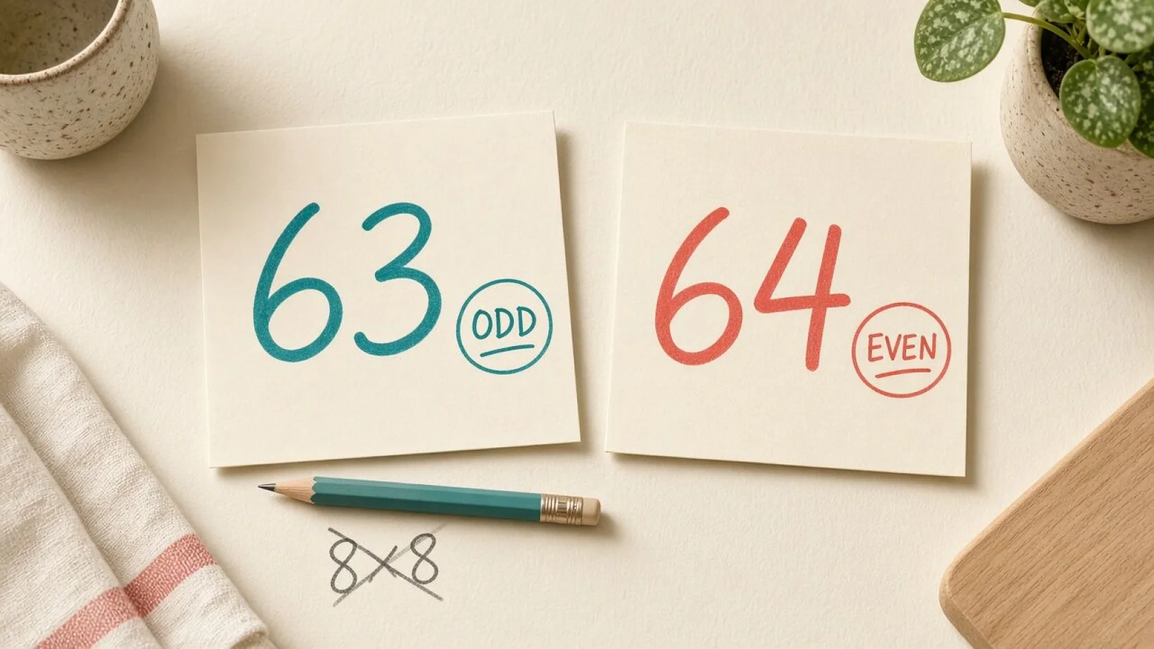 Sticky notes showing 63 versus 64 to tell odd and even times-table answers apart